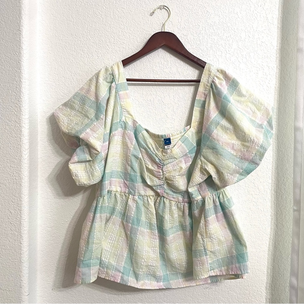 Old Navy Womens Shirt Blouse Pastel Short Puff Sleeve Smocked Babydoll Size 4X